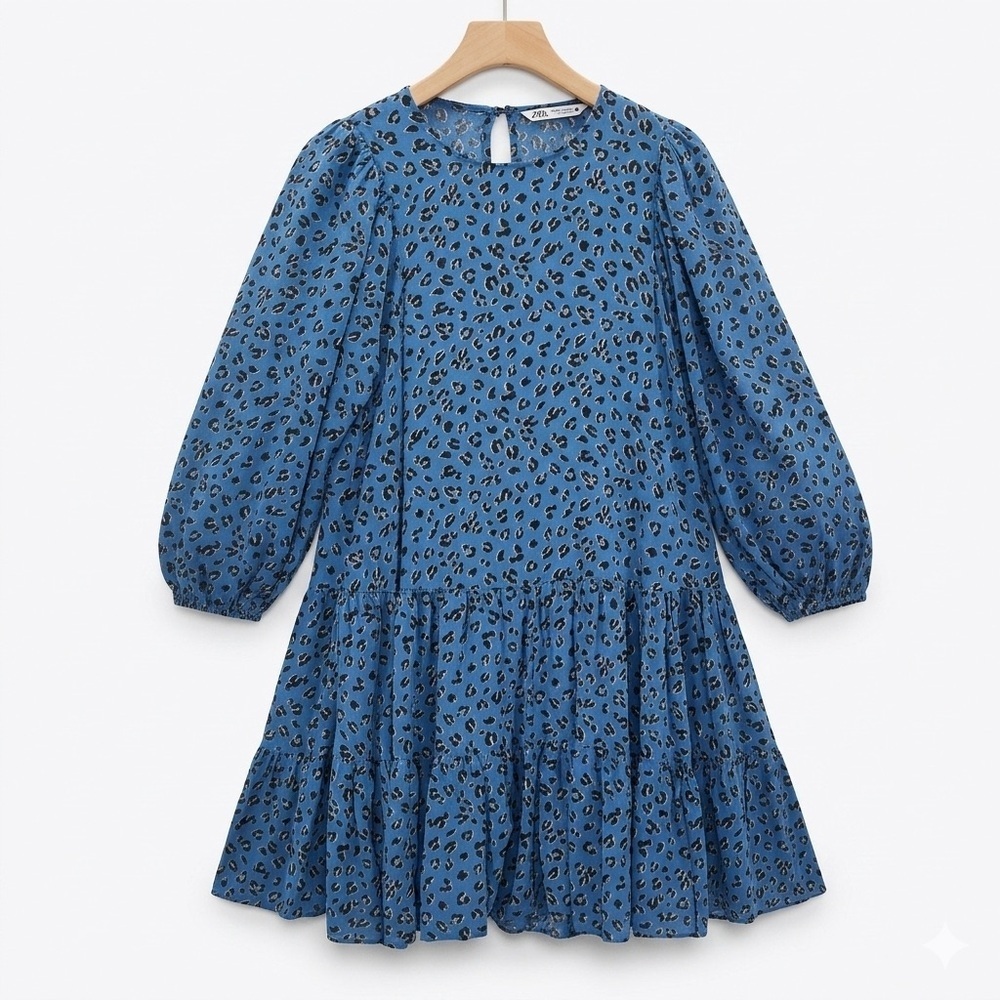 Zara Blue Leopard-Print Tiered Mini Dress Helene Babydoll Tunic Boho Preppy XS